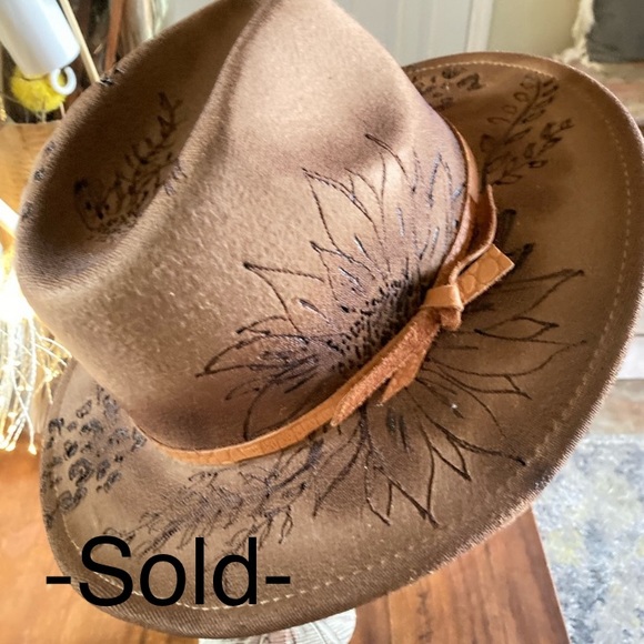 Boho hippie inspired hat- custom detailing trailing animal print-and sunflower. - Picture 1 of 9